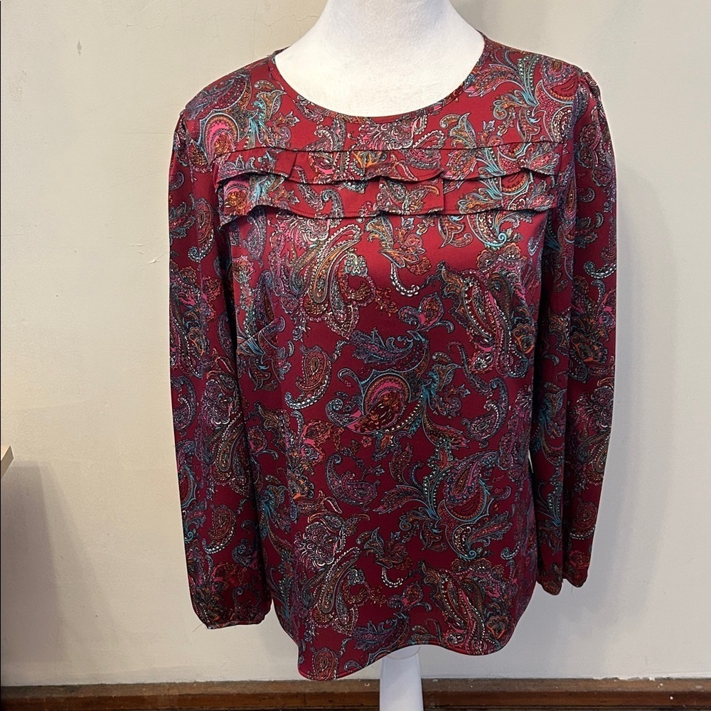 Talbots burgundy paisley ruffle long sleeve blouse Size MP EUC